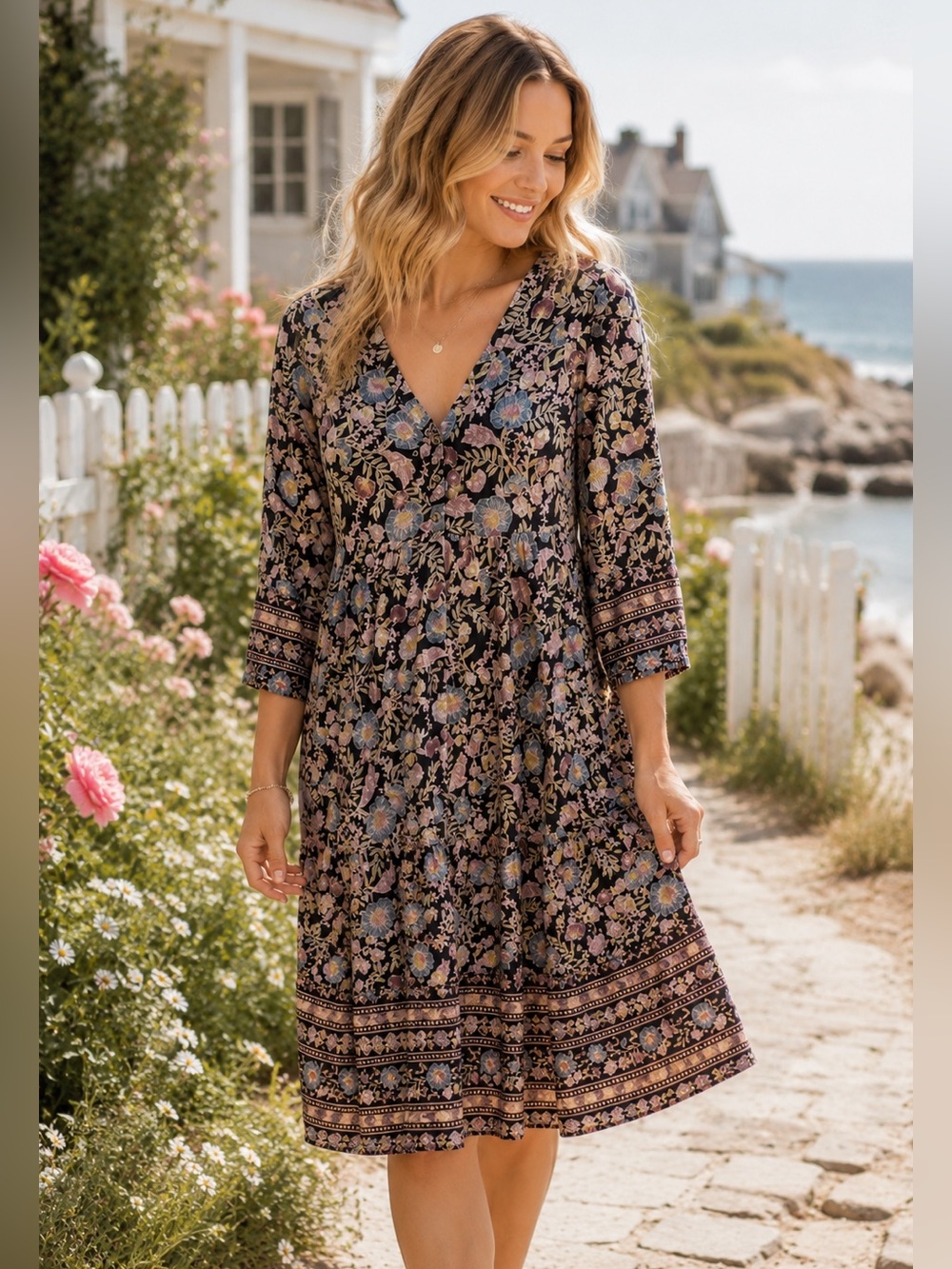 Billabong Womens Floral Cotton Boho Midi Dress Long Sleeve‎ Tiered Small